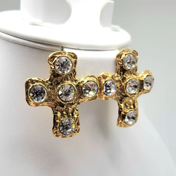 Christian LaCroix Textured Gold Cross Statement Earrings with Swarovski Crystals